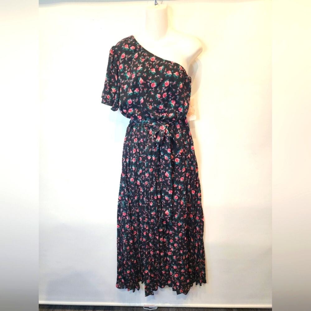 New Pleated Floral Maxi‎ Dress One Shoulder Belted Long Dress XL